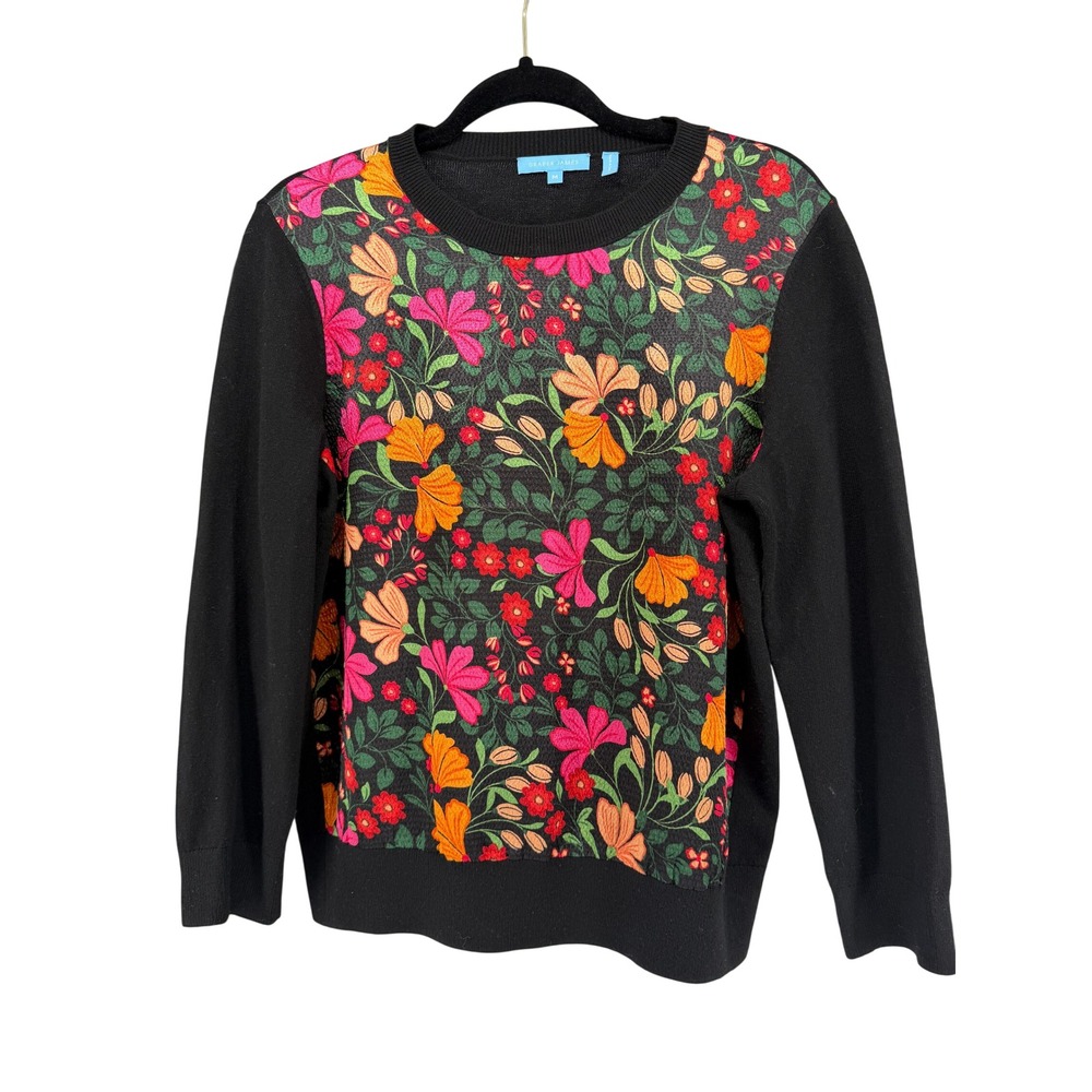 Draper James Black Floral Print Crewneck Sweater Wool Cashmere Blend‎ Size  L